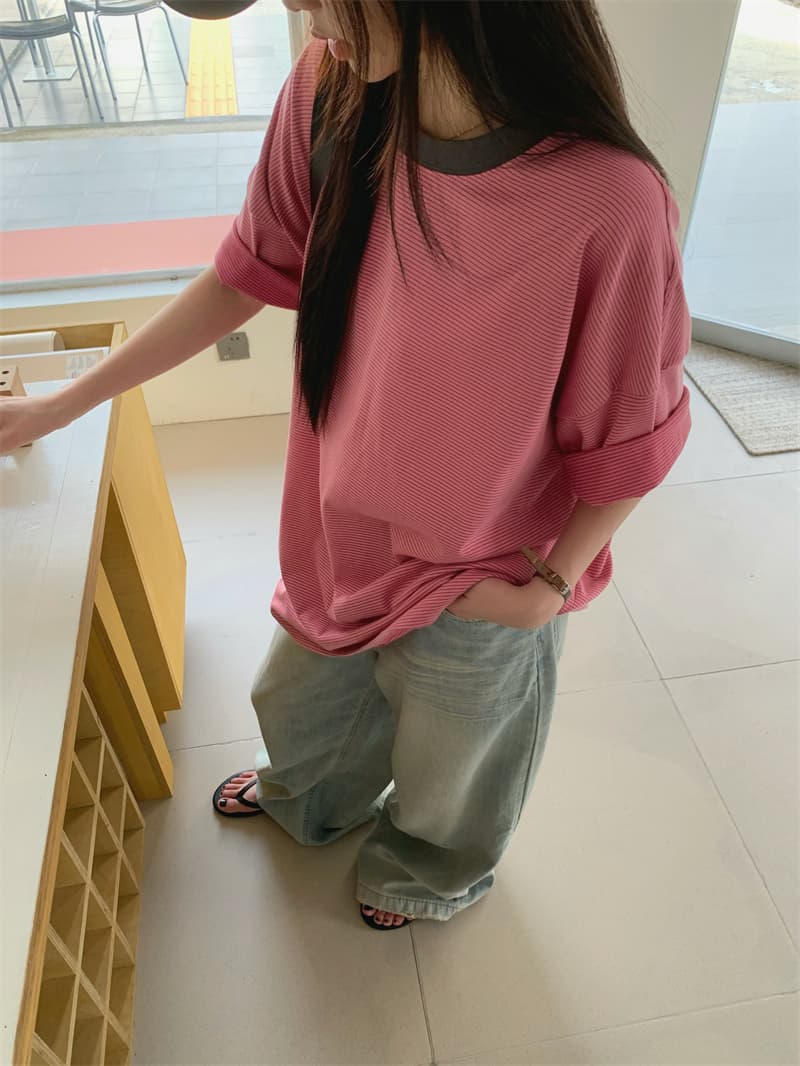 실사 정가 느긋한 바람 연령 감소 디스플레이 화이트 루즈핏 다용도 핑크색 반팔 티셔츠 상세 이미지 3