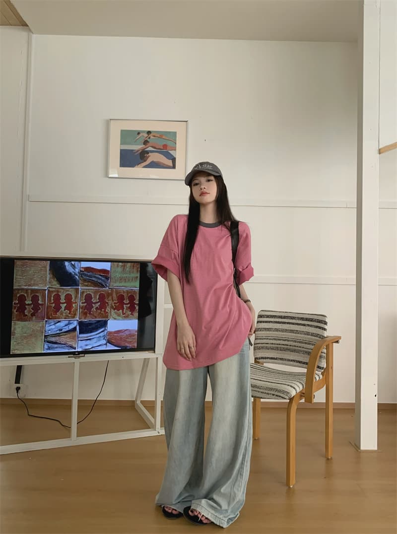 실사 정가 느긋한 바람 연령 감소 디스플레이 화이트 루즈핏 다용도 핑크색 반팔 티셔츠 상세 이미지 11