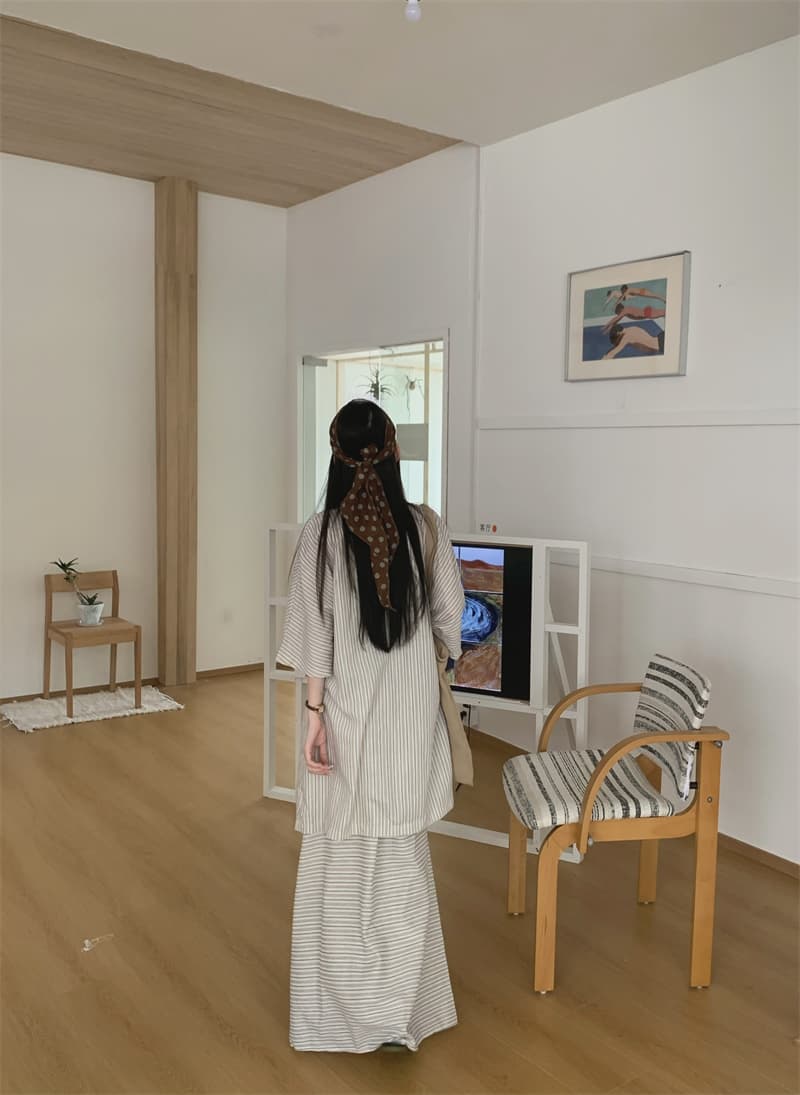 실사 정가 센 부서 휴가 바람 아마 스트라이프 레이스업 반팔 셔츠 디자인 센스 반신 치마 세트 상세 이미지 16
