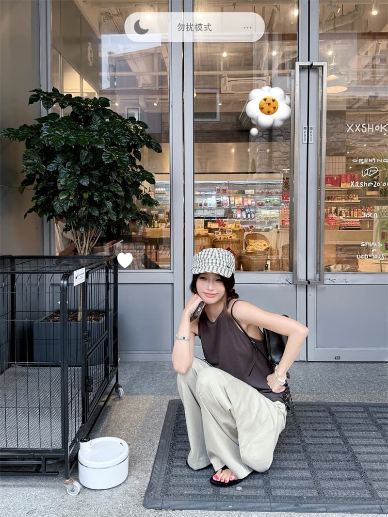 있음 선적 실사 레트로 반하이넥 오프숄더 둘 착용 행침 목 수신 Pleat 맨위 캐주얼 미니멀리즘 루즈핏 긴 바지 세트 상세 이미지 1