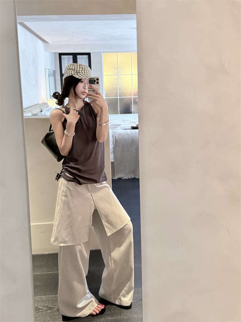 있음 선적 실사 레트로 반하이넥 오프숄더 둘 착용 행침 목 수신 Pleat 맨위 캐주얼 미니멀리즘 루즈핏 긴 바지 세트 상세 이미지 16