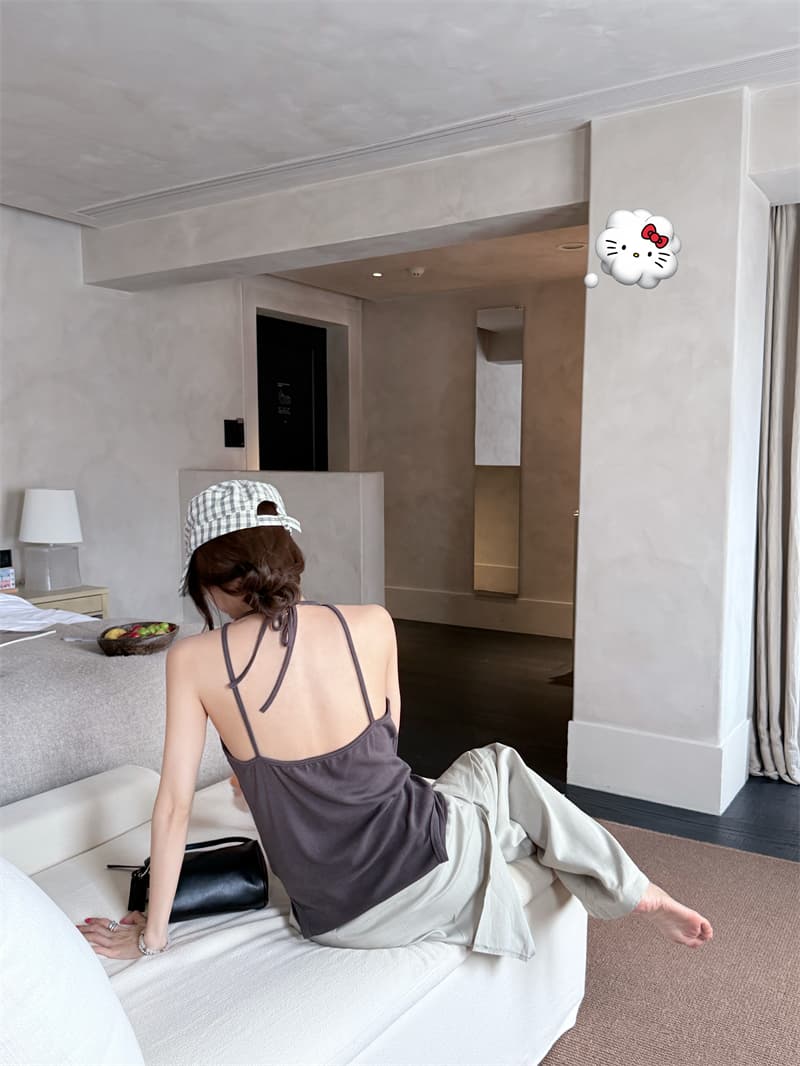있음 선적 실사 레트로 반하이넥 오프숄더 둘 착용 행침 목 수신 Pleat 맨위 캐주얼 미니멀리즘 루즈핏 긴 바지 세트 상세 이미지 18