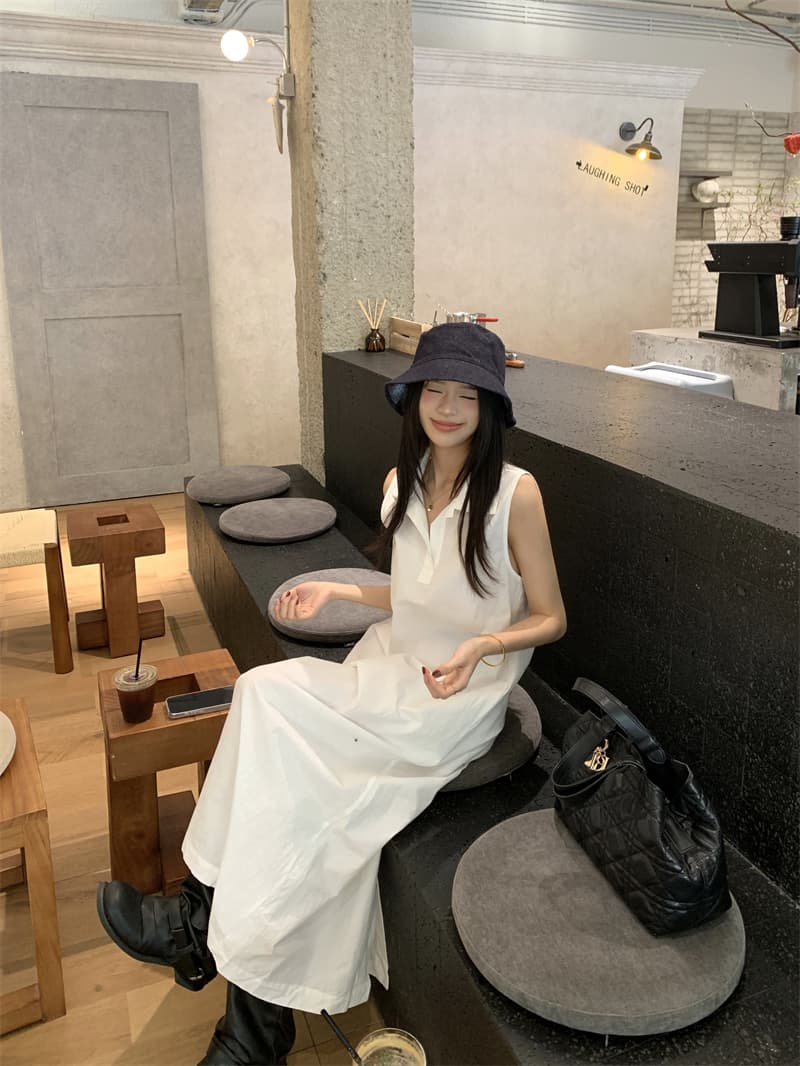 있음 선적 실사 한국 미니멀리즘 POLO 칼라 민소매 여성 드레스 여름 루즈핏 조끼 스커트 느슨함 센스 롱 스커트 상세 이미지 1