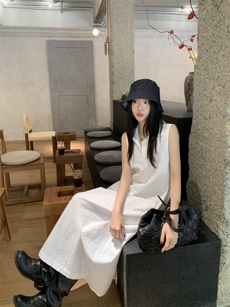 있음 선적 실사 한국 미니멀리즘 POLO 칼라 민소매 여성 드레스 여름 루즈핏 조끼 스커트 느슨함 센스 롱 스커트 상세 이미지 2