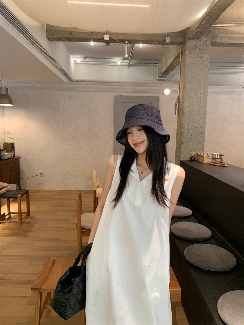 있음 선적 실사 한국 미니멀리즘 POLO 칼라 민소매 여성 드레스 여름 루즈핏 조끼 스커트 느슨함 센스 롱 스커트 상세 이미지 3