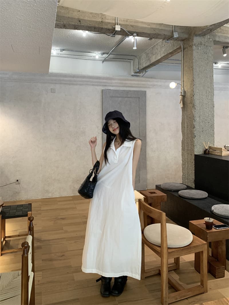 있음 선적 실사 한국 미니멀리즘 POLO 칼라 민소매 여성 드레스 여름 루즈핏 조끼 스커트 느슨함 센스 롱 스커트 상세 이미지 6