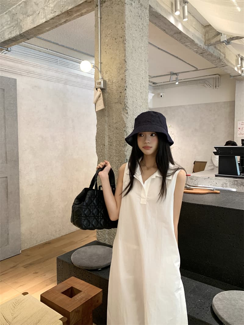 있음 선적 실사 한국 미니멀리즘 POLO 칼라 민소매 여성 드레스 여름 루즈핏 조끼 스커트 느슨함 센스 롱 스커트 상세 이미지 8
