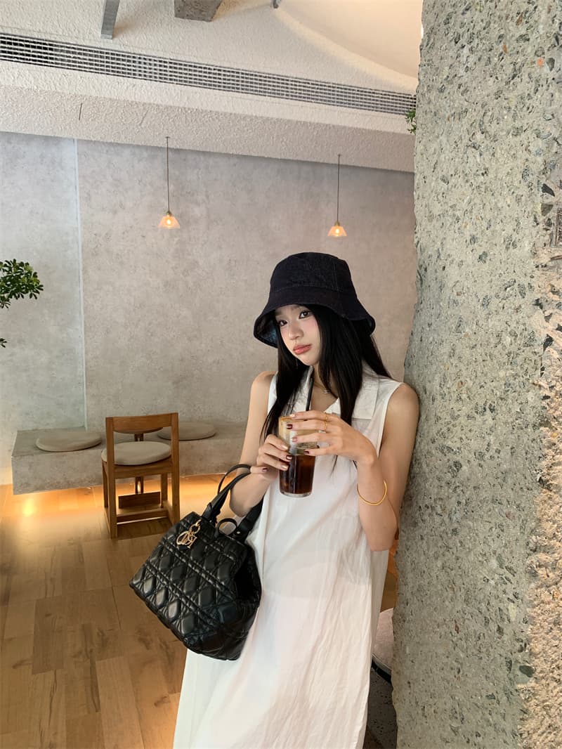 있음 선적 실사 한국 미니멀리즘 POLO 칼라 민소매 여성 드레스 여름 루즈핏 조끼 스커트 느슨함 센스 롱 스커트 상세 이미지 10