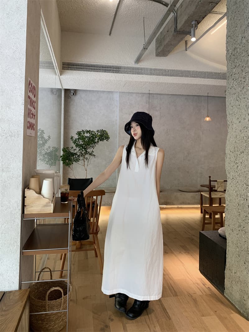 있음 선적 실사 한국 미니멀리즘 POLO 칼라 민소매 여성 드레스 여름 루즈핏 조끼 스커트 느슨함 센스 롱 스커트 상세 이미지 11