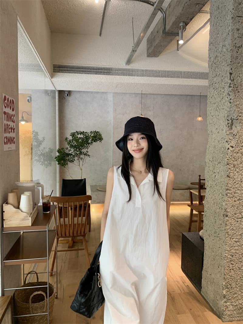 있음 선적 실사 한국 미니멀리즘 POLO 칼라 민소매 여성 드레스 여름 루즈핏 조끼 스커트 느슨함 센스 롱 스커트 상세 이미지 13