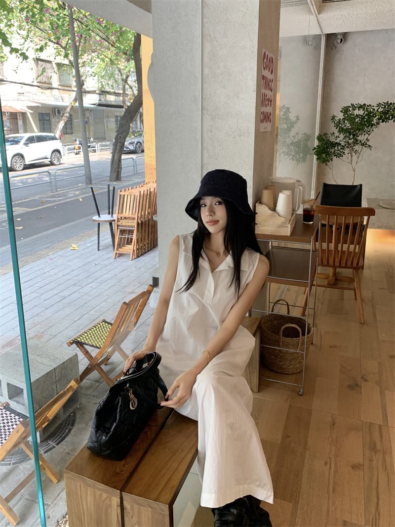 있음 선적 실사 한국 미니멀리즘 POLO 칼라 민소매 여성 드레스 여름 루즈핏 조끼 스커트 느슨함 센스 롱 스커트 상세 이미지 14