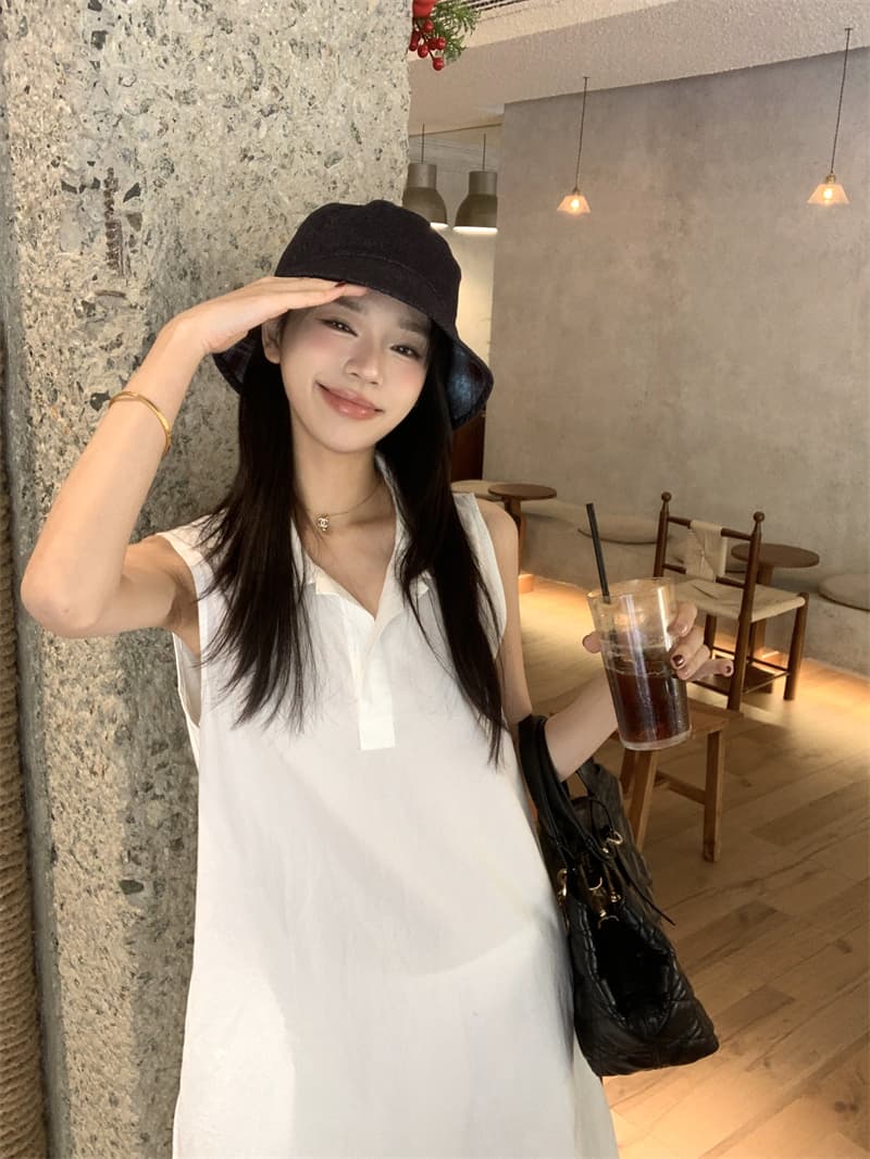 있음 선적 실사 한국 미니멀리즘 POLO 칼라 민소매 여성 드레스 여름 루즈핏 조끼 스커트 느슨함 센스 롱 스커트 상세 이미지 22