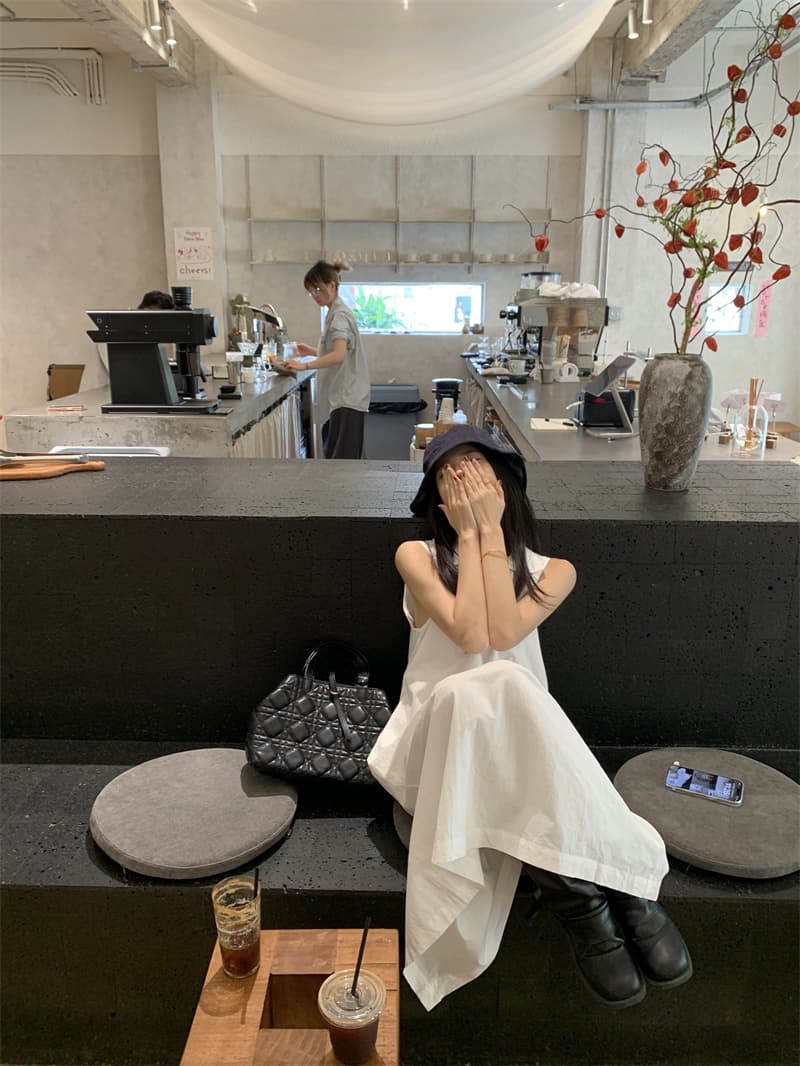있음 선적 실사 한국 미니멀리즘 POLO 칼라 민소매 여성 드레스 여름 루즈핏 조끼 스커트 느슨함 센스 롱 스커트 상세 이미지 23