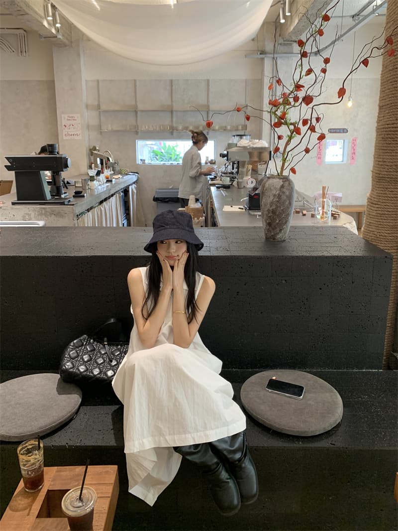 있음 선적 실사 한국 미니멀리즘 POLO 칼라 민소매 여성 드레스 여름 루즈핏 조끼 스커트 느슨함 센스 롱 스커트 상세 이미지 24