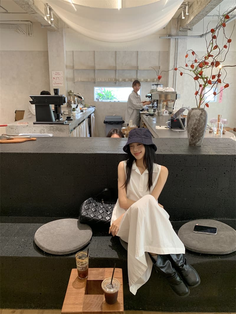 있음 선적 실사 한국 미니멀리즘 POLO 칼라 민소매 여성 드레스 여름 루즈핏 조끼 스커트 느슨함 센스 롱 스커트 상세 이미지 26