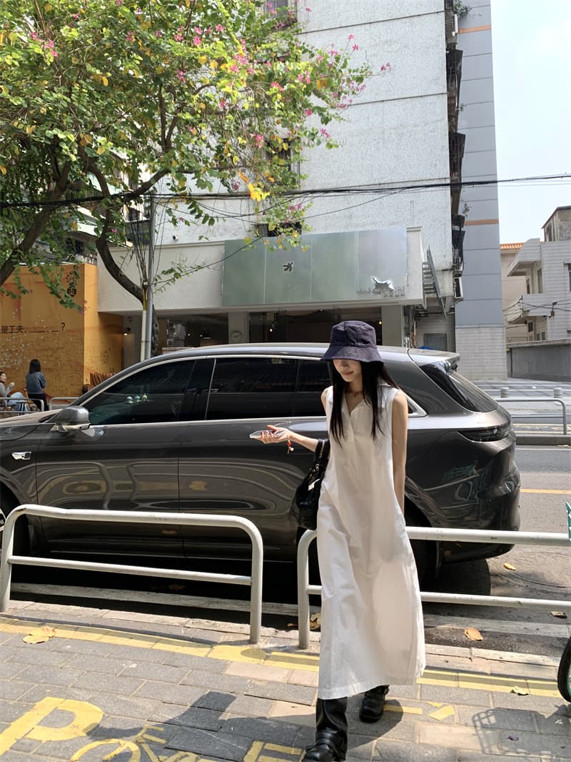 있음 선적 실사 한국 미니멀리즘 POLO 칼라 민소매 여성 드레스 여름 루즈핏 조끼 스커트 느슨함 센스 롱 스커트 상세 이미지 27