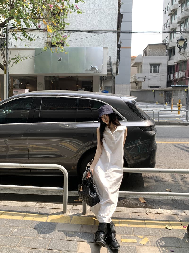 있음 선적 실사 한국 미니멀리즘 POLO 칼라 민소매 여성 드레스 여름 루즈핏 조끼 스커트 느슨함 센스 롱 스커트 상세 이미지 28