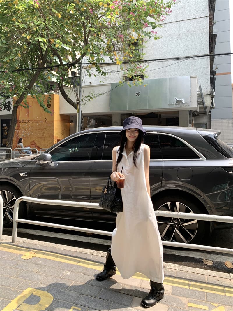 있음 선적 실사 한국 미니멀리즘 POLO 칼라 민소매 여성 드레스 여름 루즈핏 조끼 스커트 느슨함 센스 롱 스커트 상세 이미지 29