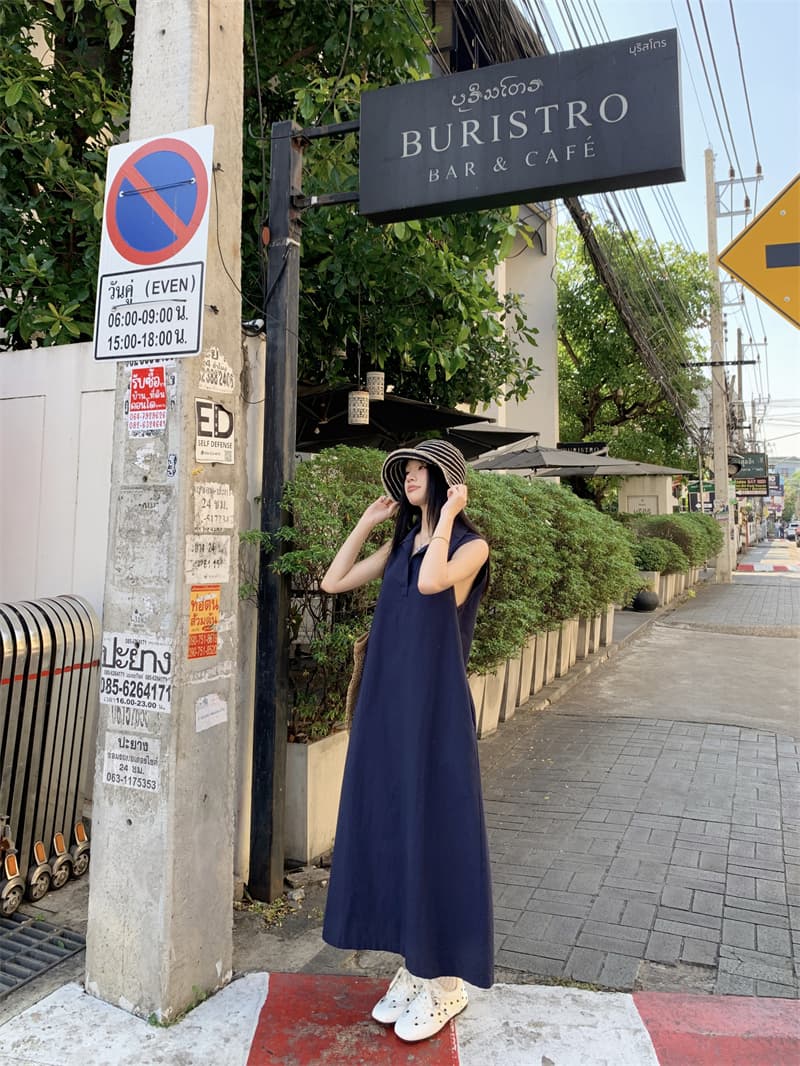 있음 선적 실사 한국 미니멀리즘 POLO 칼라 민소매 여성 드레스 여름 루즈핏 조끼 스커트 느슨함 센스 롱 스커트 상세 이미지 37