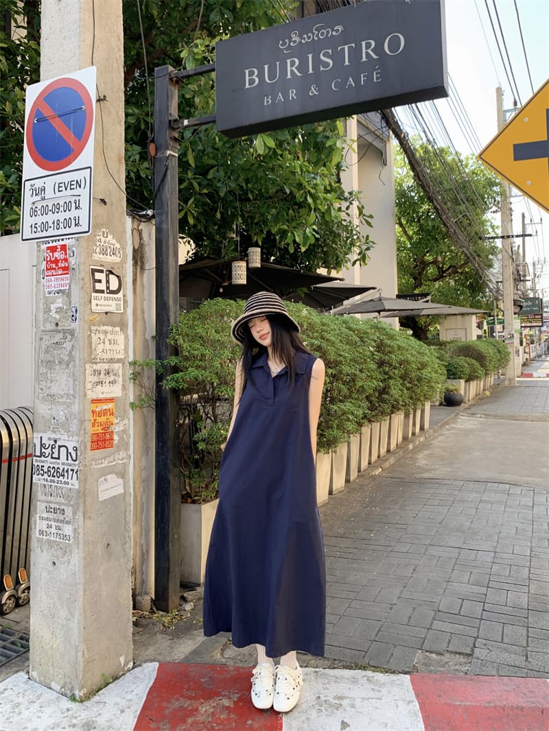 있음 선적 실사 한국 미니멀리즘 POLO 칼라 민소매 여성 드레스 여름 루즈핏 조끼 스커트 느슨함 센스 롱 스커트 상세 이미지 38