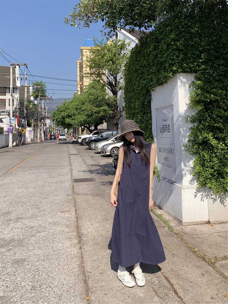 있음 선적 실사 한국 미니멀리즘 POLO 칼라 민소매 여성 드레스 여름 루즈핏 조끼 스커트 느슨함 센스 롱 스커트 상세 이미지 40