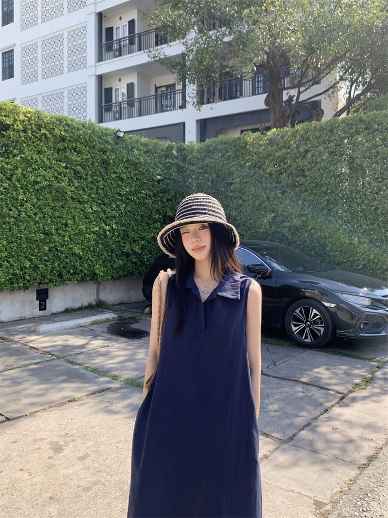 있음 선적 실사 한국 미니멀리즘 POLO 칼라 민소매 여성 드레스 여름 루즈핏 조끼 스커트 느슨함 센스 롱 스커트 상세 이미지 41