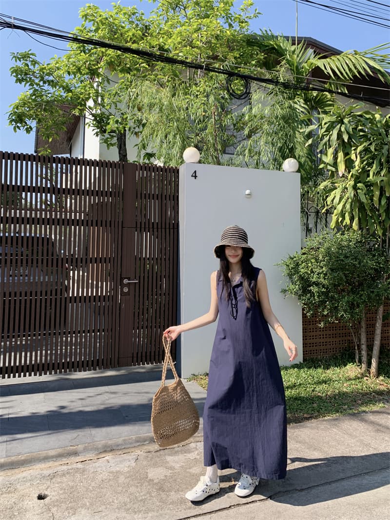 있음 선적 실사 한국 미니멀리즘 POLO 칼라 민소매 여성 드레스 여름 루즈핏 조끼 스커트 느슨함 센스 롱 스커트 상세 이미지 46