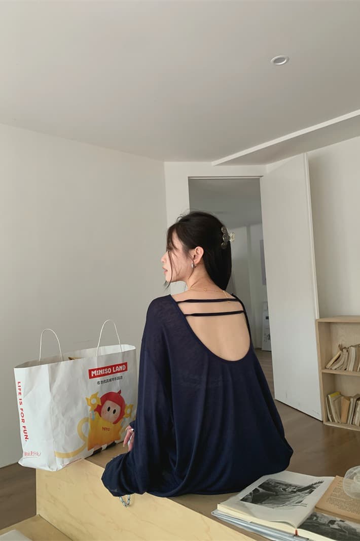 있음 선적 실사 가을 의상 얼음 실크 긴팔 자외선 차단 뒤로 홀로우 아웃 해군 티셔츠 허리 수축 파란색 캐주얼 바지 이미지 6