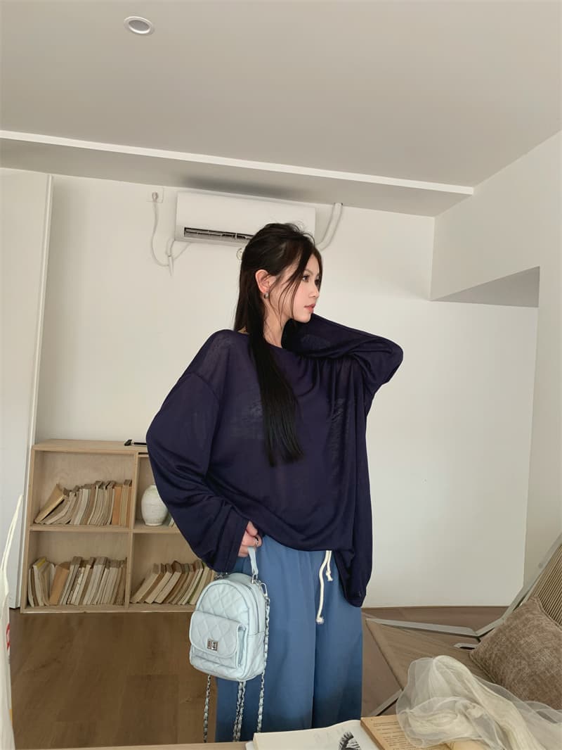 있음 선적 실사 가을 의상 얼음 실크 긴팔 자외선 차단 뒤로 홀로우 아웃 해군 티셔츠 허리 수축 파란색 캐주얼 바지 상세 이미지 2