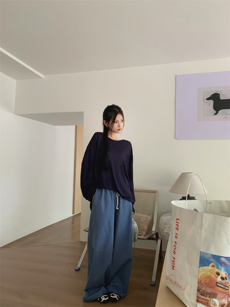 있음 선적 실사 가을 의상 얼음 실크 긴팔 자외선 차단 뒤로 홀로우 아웃 해군 티셔츠 허리 수축 파란색 캐주얼 바지 상세 이미지 4