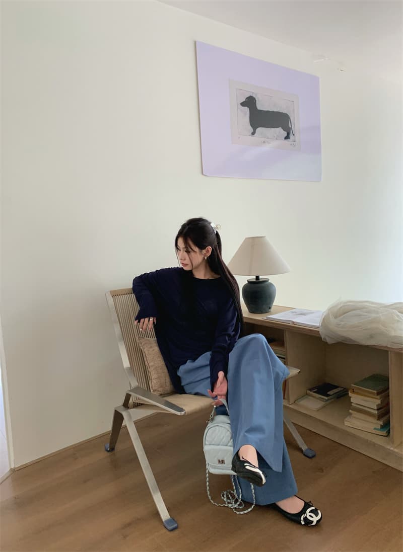 있음 선적 실사 가을 의상 얼음 실크 긴팔 자외선 차단 뒤로 홀로우 아웃 해군 티셔츠 허리 수축 파란색 캐주얼 바지 상세 이미지 7