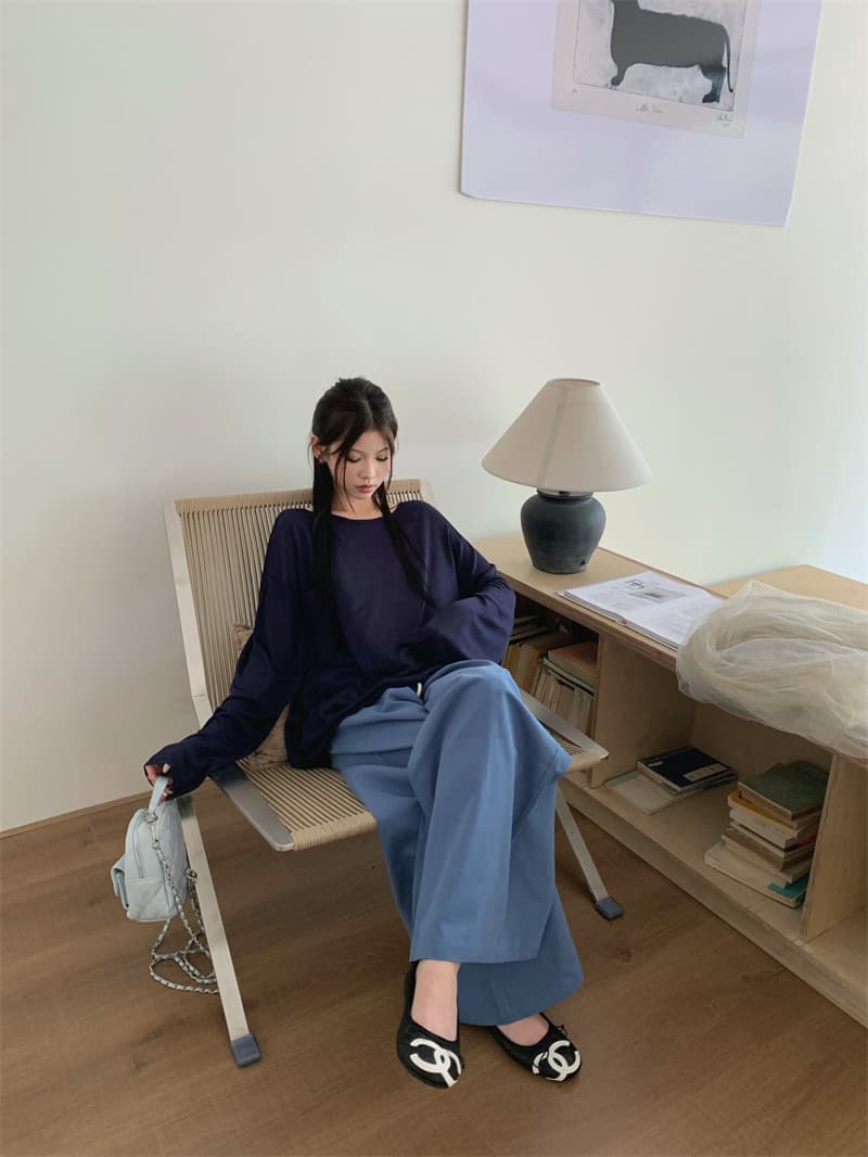 있음 선적 실사 가을 의상 얼음 실크 긴팔 자외선 차단 뒤로 홀로우 아웃 해군 티셔츠 허리 수축 파란색 캐주얼 바지 상세 이미지 8