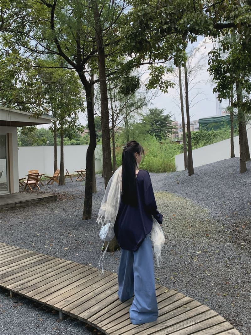 있음 선적 실사 가을 의상 얼음 실크 긴팔 자외선 차단 뒤로 홀로우 아웃 해군 티셔츠 허리 수축 파란색 캐주얼 바지 상세 이미지 16