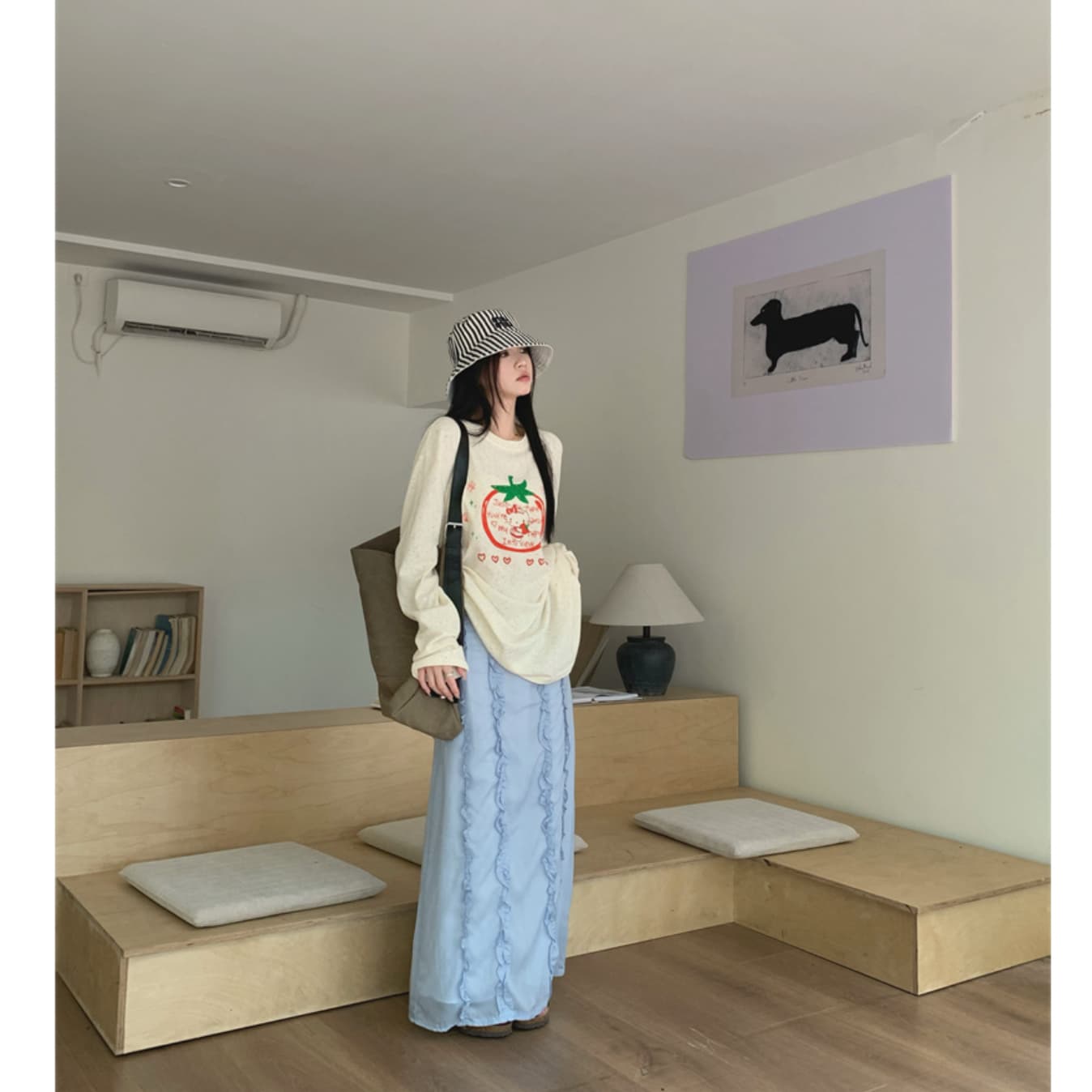 있음 선적 실사 느긋한 바람 루즈핏 프린트 긴팔 티셔츠 맨위 레이스 장식 반신 치마 세트 이미지 5