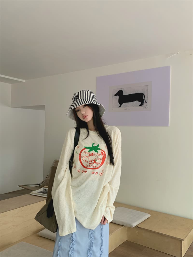 있음 선적 실사 느긋한 바람 루즈핏 프린트 긴팔 티셔츠 맨위 레이스 장식 반신 치마 세트 상세 이미지 8
