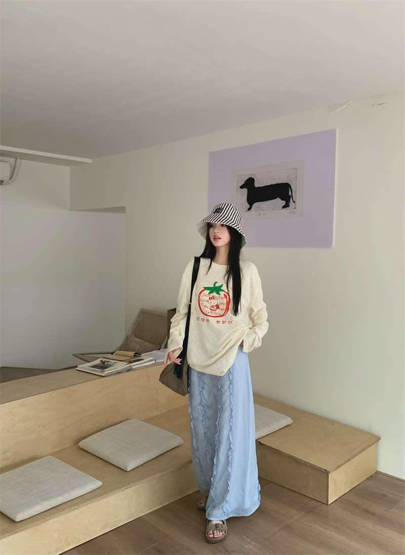 있음 선적 실사 느긋한 바람 루즈핏 프린트 긴팔 티셔츠 맨위 레이스 장식 반신 치마 세트 상세 이미지 10