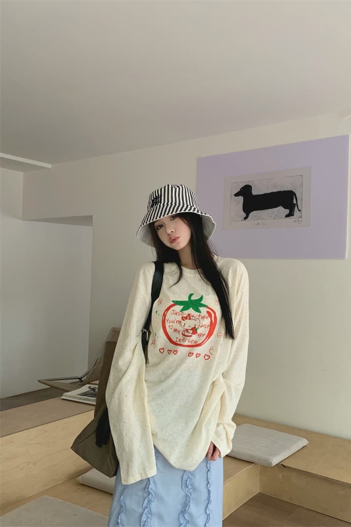 있음 선적 실사 느긋한 바람 루즈핏 프린트 긴팔 티셔츠 맨위 레이스 장식 반신 치마 세트 이미지 6