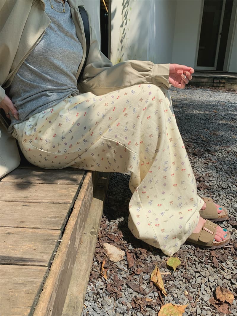 있음 선적 실사 가을 작은 청신 슬림해 보이는 다용도 꽃무늬 청바지 와이드 레그 팬츠 상세 이미지 7