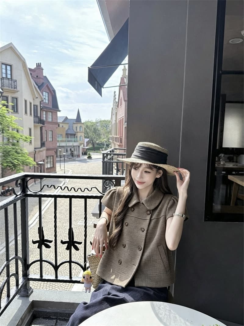 실사 정가 소녀 센스 베이비 칼라 체크무늬 폴로 칼라 모직 반팔 맨위 재킷 진한 파란색 넓은 다리 청바지 이미지 4