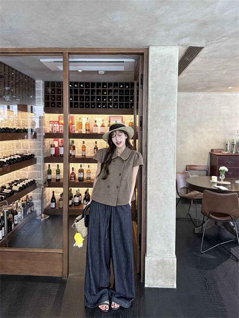 실사 정가 소녀 센스 베이비 칼라 체크무늬 폴로 칼라 모직 반팔 맨위 재킷 진한 파란색 넓은 다리 청바지 상세 이미지 6