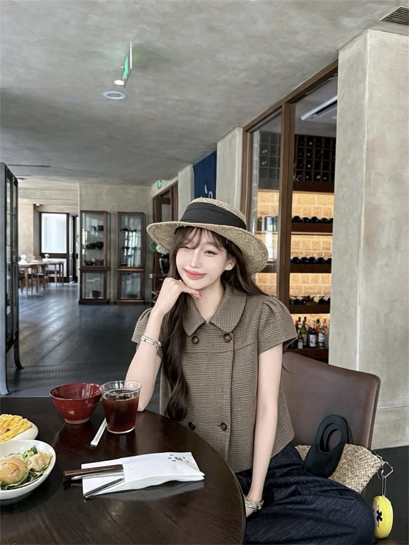 실사 정가 소녀 센스 베이비 칼라 체크무늬 폴로 칼라 모직 반팔 맨위 재킷 진한 파란색 넓은 다리 청바지 상세 이미지 10