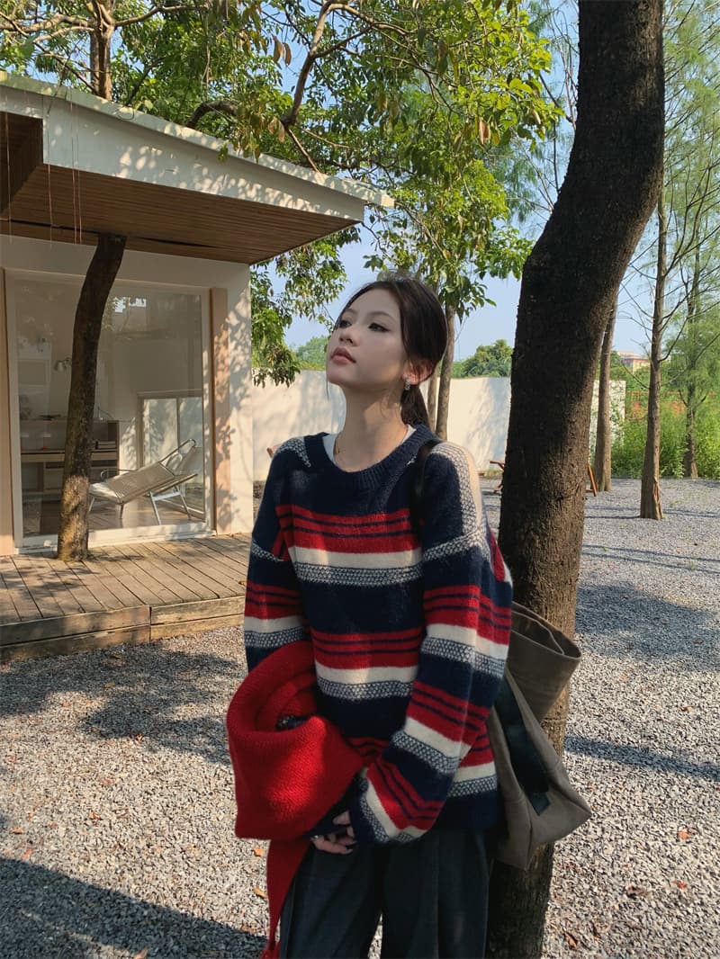 있음 선적 실사 가을 의상 루즈핏 부드럽다 배색 스트라이프 풀오버 니트 스웨터 삼각형 스카프 투피스 세트 상세 이미지 22