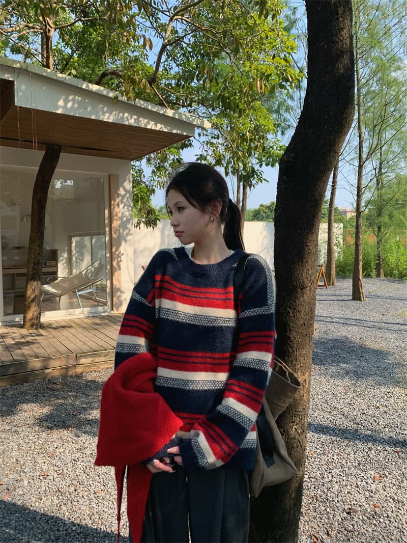 있음 선적 실사 가을 의상 루즈핏 부드럽다 배색 스트라이프 풀오버 니트 스웨터 삼각형 스카프 투피스 세트 상세 이미지 23