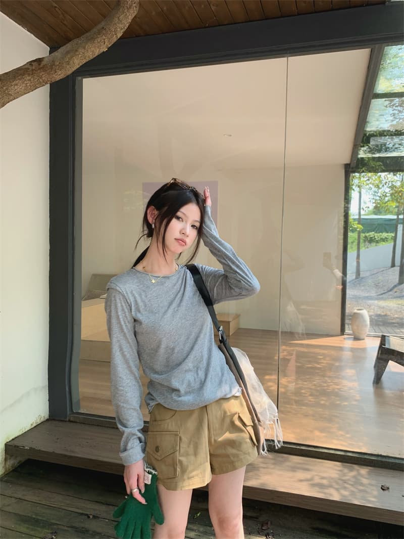있음 선적 실사 이른 가을 폴로 칼라 중간 길이 더블 문 襟 카키 재킷 재킷 만나는 티셔츠 카키 반바지 상세 이미지 12