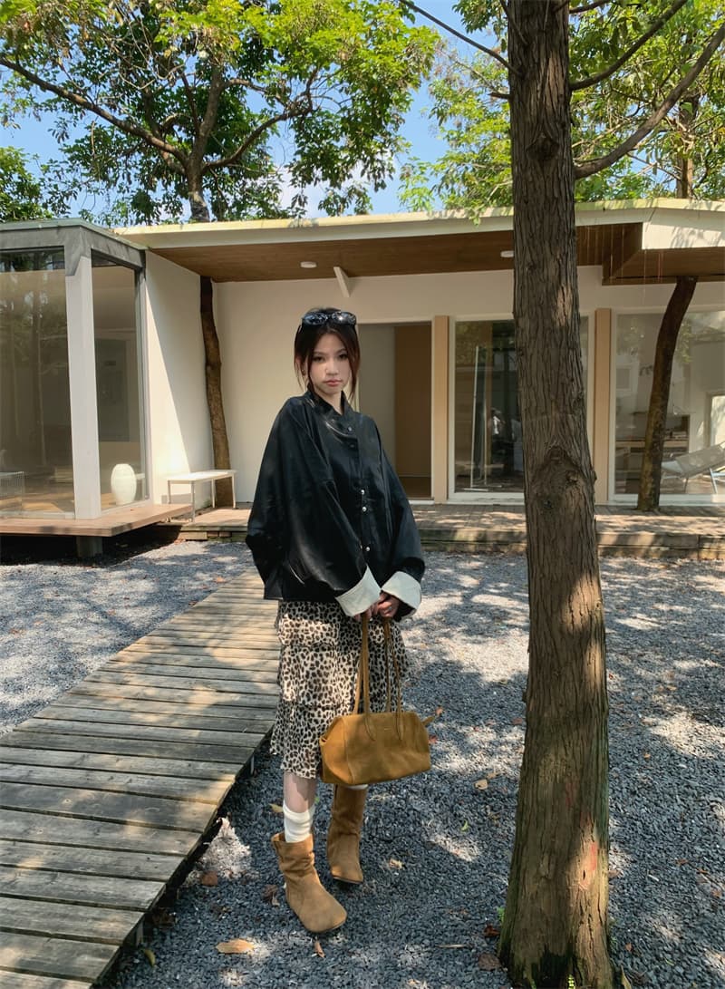 있음 선적 실사 달콤한 차가운 스탠드 칼라 루즈핏 가죽 재킷 재킷 재킷 허리밴드 수준 레오파드 무늬 반신 스커트 상세 이미지 2