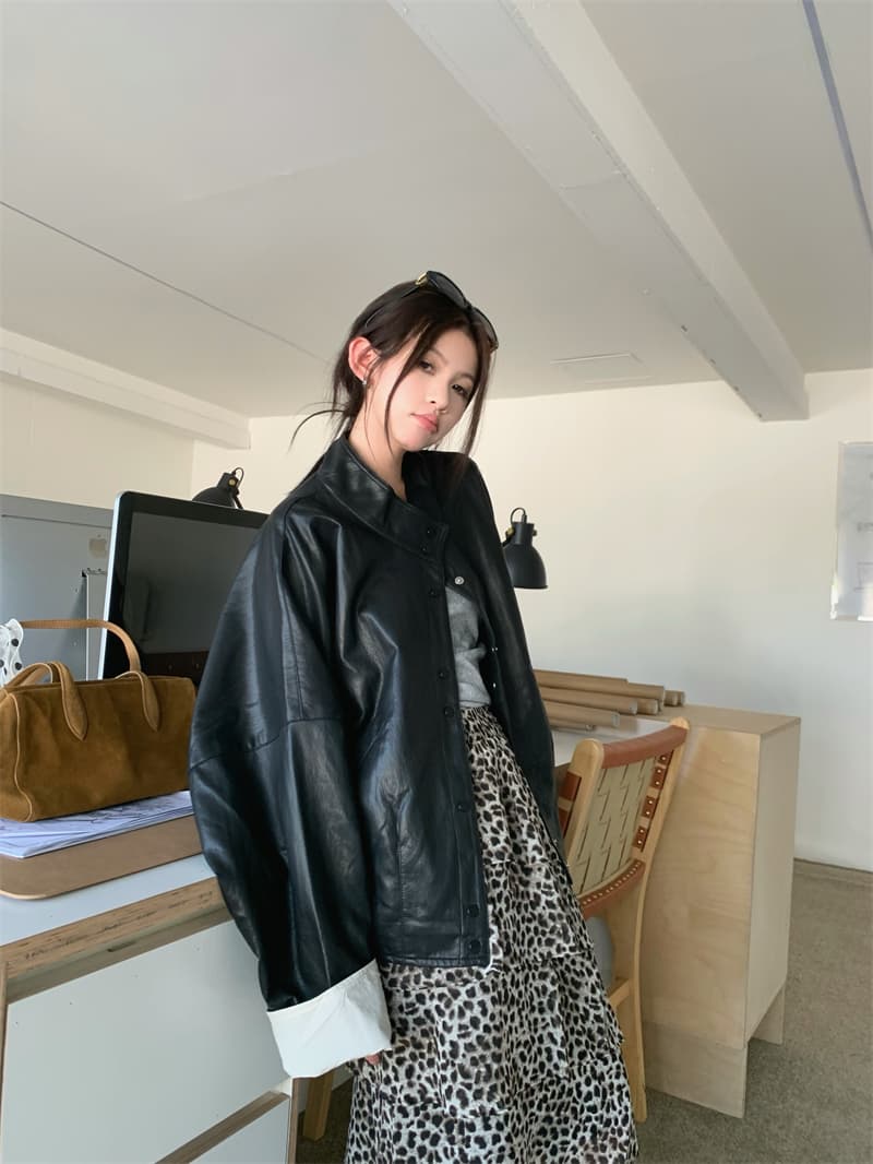 있음 선적 실사 달콤한 차가운 스탠드 칼라 루즈핏 가죽 재킷 재킷 재킷 허리밴드 수준 레오파드 무늬 반신 스커트 상세 이미지 8