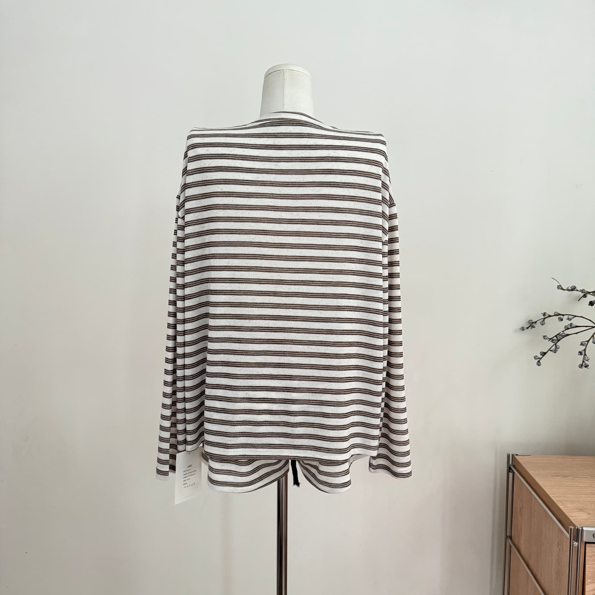 skk store 지식인 스트라이프 160g 상쾌 아마 라미 느슨함 스트라이프 루즈핏 티셔츠 세트 여성 상세 이미지 13