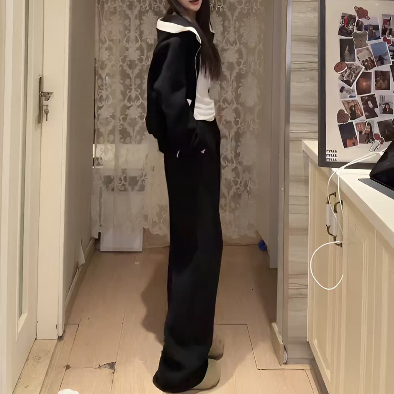 패션 품격 2026 봄 가을 새로운 느긋한 바람 패치워크 후드 티 스웨터 스트레이트 팬츠 두 조각 이미지 3