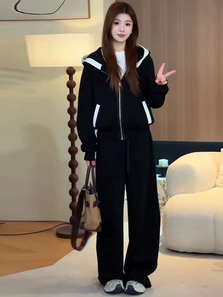 캐주얼 스포츠 슈트 여성 2026 봄 드레스 새로운 외국 가스 후드티 와이드 레그 팬츠 투피스 세트 이미지 4