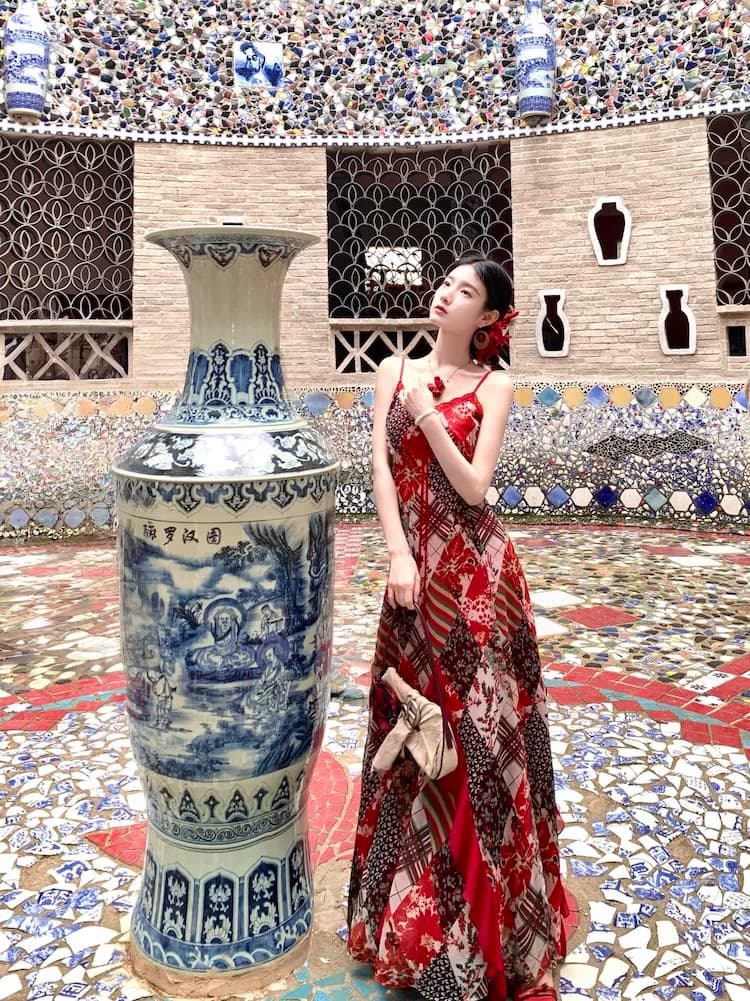 walkindark 치 장미 민족 스타일 꽃무늬 빨간색 패치워크 슬립 드레스 레이스 리본 카디건 코트 상세 이미지 18
